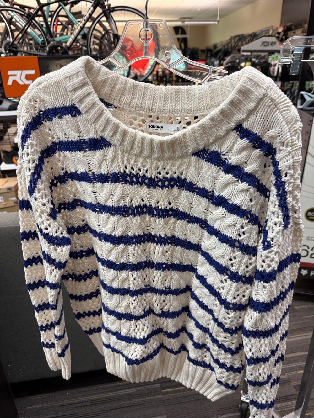 Sonoma Open-Knit Striped Crewneck Sweater - White & Blue, Size Small